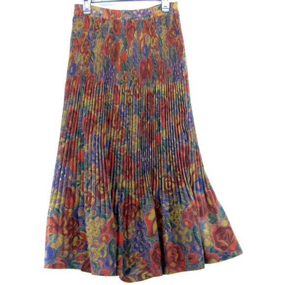 SALE! Floral Flare Pleated Burgundy Brown Long Skirt - Picture 2 of 2